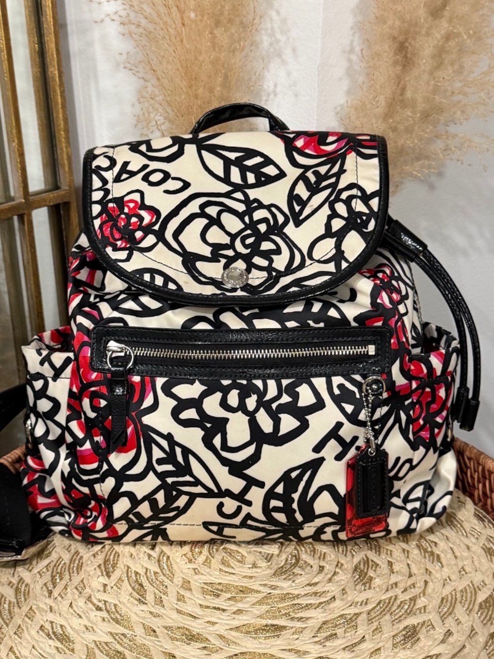 Coach Poppy Daisy Floral Graffiti Leather Trim Sateen Backpack Model F16582